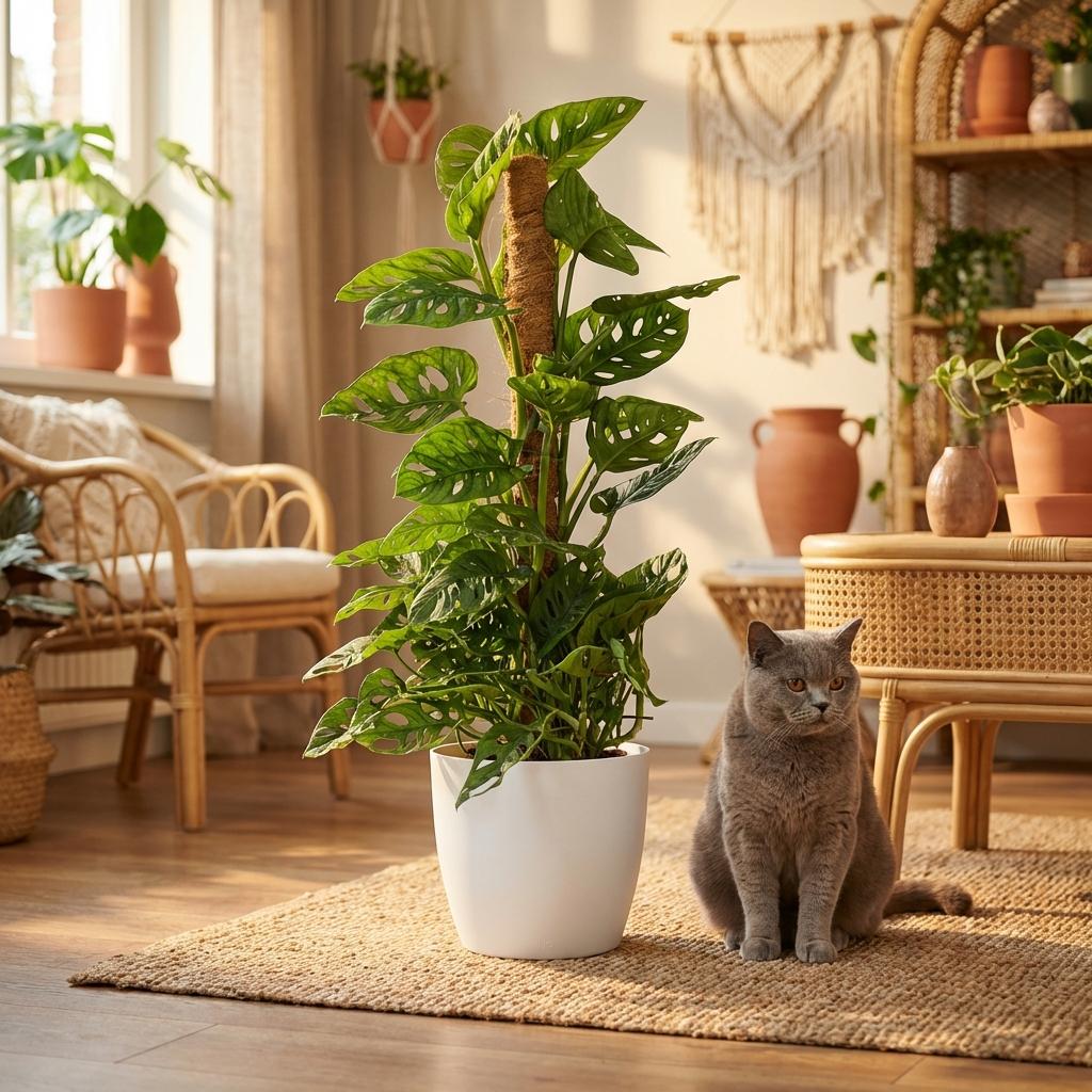 Monstera Adansonii Monkey Mask am Moosstab Fensterblatt 90cm – Zimmerpflanze mit Lochblättern im weißen Übertopf Ø19cm – Kletterpflanze pflegeleicht, tropischer Look für Wohnung & Büro 
