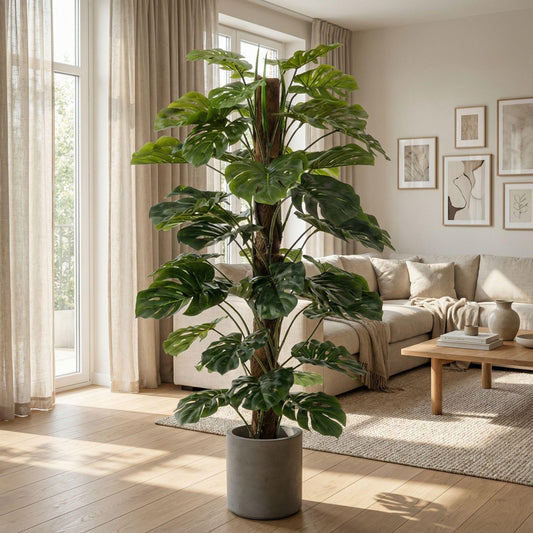 Monstera Kunstpflanze auf Ständer – ca.150cm – Künstliche Monstera mit dekorativem Standfuß – Pflegefreie Designpflanze für Wohnzimmer Büro & Empfang