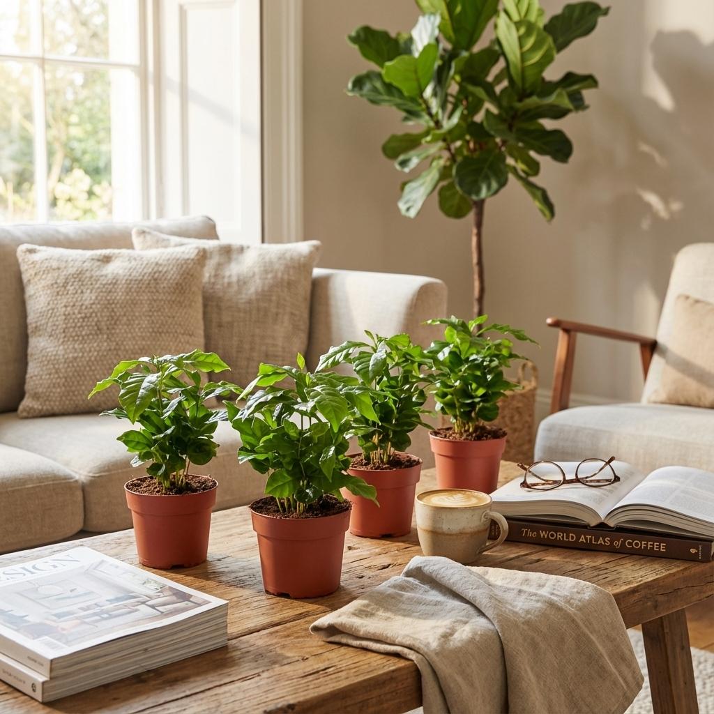 Coffea Arabica Kaffeepflanze – 4 Pflanzen – Ø12cm – Höhe ca.25cm – Tropische Zimmerpflanze mit glänzenden Blättern – Dekorativer Kaffeebaum für Wohnraum & Büro 