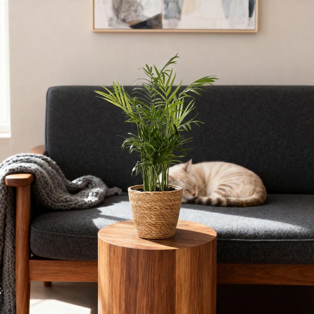 Green boutiQ - Zimmerpflanze - Chamaedorea elegans - Goldpalme - Haustierfreundliche Pflanze - Grün - 1 Pflanze - mit Korb - Topf 12cm - Höhe 15cm 