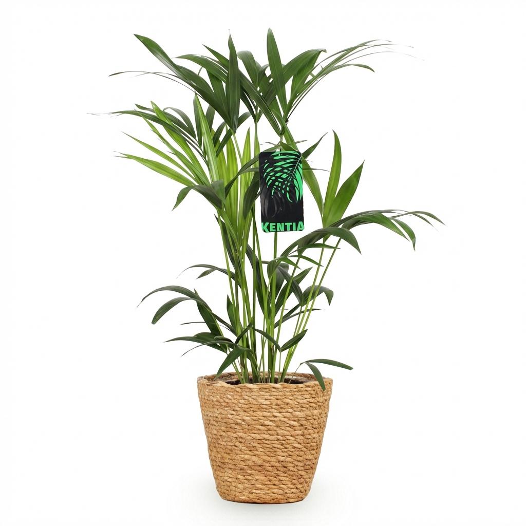 Green boutiQ - Zimmerpflanze - Howea Forsteriana - Kentia Palme - Wenig Pflege - Grün - 1 Pflanze - mit Korb - Topf 19cm - Höhe 80-85cm 
