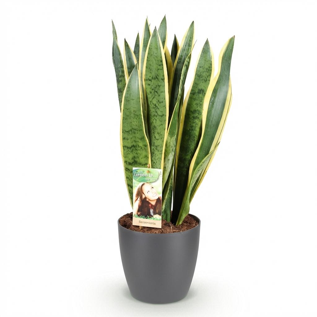 Green boutiQ - Zimmerpflanzen - Sansevieria Laurentii - Schwiegermutterzunge - Pflegeleicht - Grün - Gelb - 1 Pflanze - mit Potter Grau - Topf 21cm - Höhe 70-80cm 