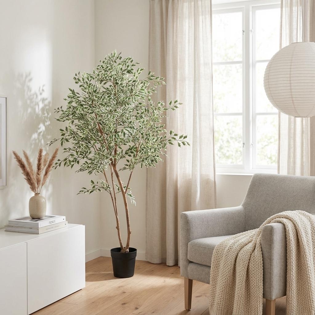 Ficus Benjamina Variegata Kunstpflanze 185cm – Große Buntlaub Birkenfeige Deko Pflanze – Pflegefreie Zimmerpflanze für Wohnzimmer Büro & Empfangsbereich