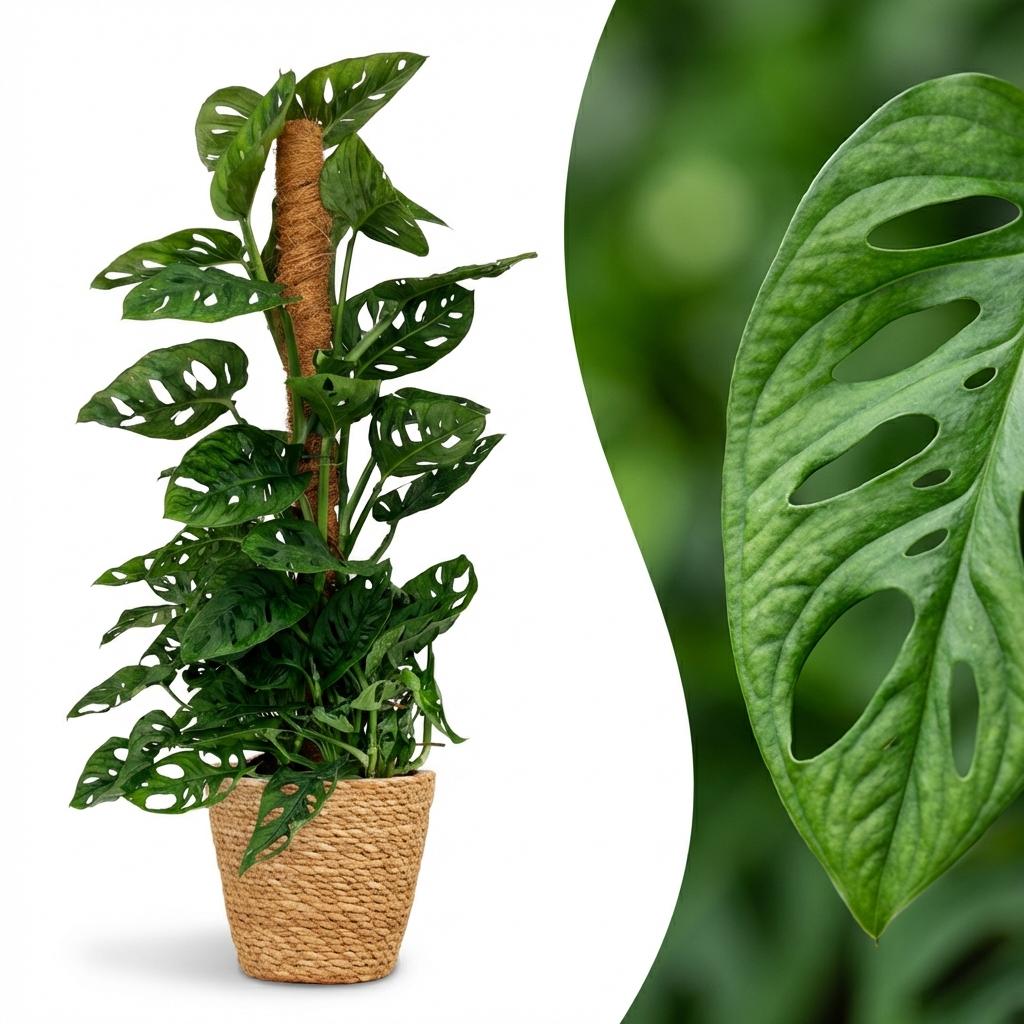 Monstera Adansonii Monkey Mask am Moosstab Fensterblatt 90cm – Zimmerpflanze mit Lochblättern im Korb Ø19cm – Kletterpflanze pflegeleicht, tropischer Look für Wohnung & Büro, ideal bei Halbschatten 