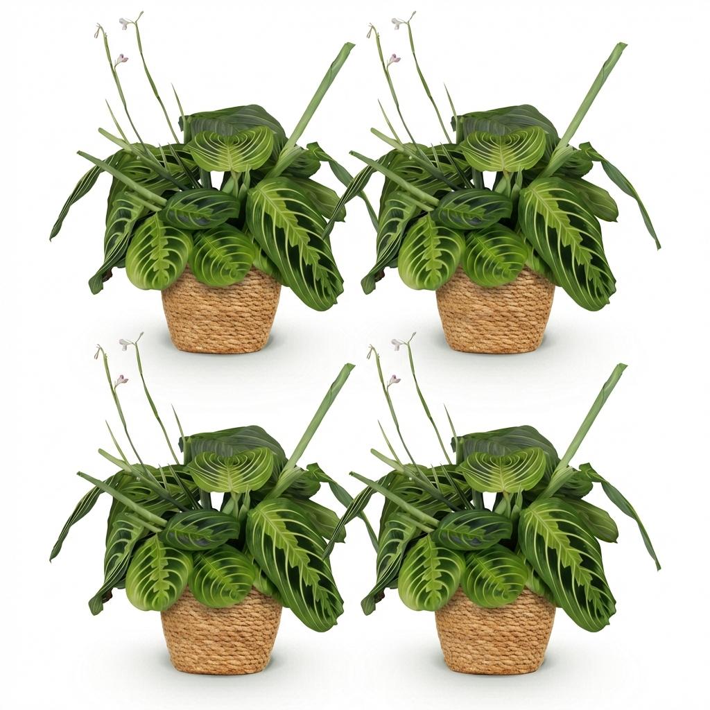 Green boutiQ - Zimmerpflanze - Maranta Fascinator Lemon Lime - Gebetspflanze - Haustierfreundliche Pflanze - Grün - 4 Pflanzen - mit Korb - Topf 12cm - Höhe 25cm 