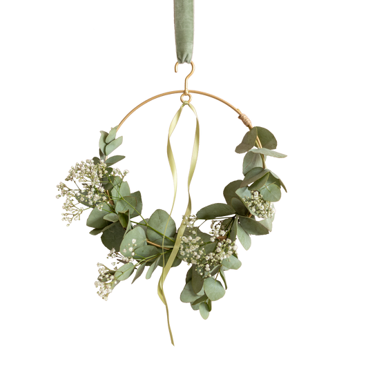 Blumenkranz DIY – Eukalyptusring zum Selbermachen – inkl. Metallring, frischem Eukalyptus, Schleierkraut & Bänder – Kreatives Briefkastengeschenk 