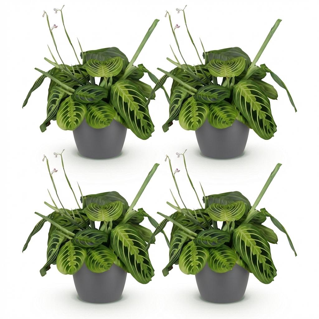 Green boutiQ - Zimmerpflanze - Maranta Fascinator Lemon Lime - Gebetspflanze - Haustierfreundliche Pflanze - Grün - 4 Pflanzen - mit Potter Grau - Topf 12cm - Höhe 25cm 