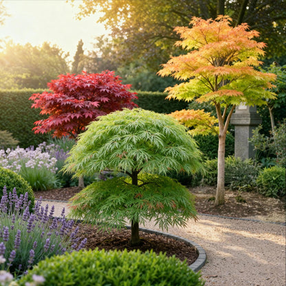 GreenboutiQ - Gartenpflanze - Acer palmatum Tricolour - Rot-Grün-Orange - 3 Pflanzen - Laubabwerfend - Wenig Pflege - Topf 12cm Höhe 35cm 