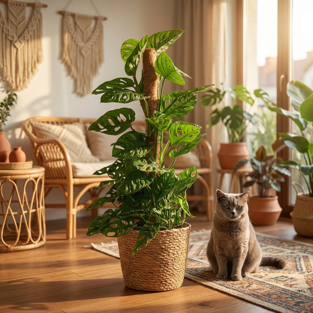 Monstera Adansonii Monkey Mask am Moosstab Fensterblatt 90cm – Zimmerpflanze mit Lochblättern im Korb Ø19cm – Kletterpflanze pflegeleicht, tropischer Look für Wohnung & Büro, ideal bei Halbschatten 