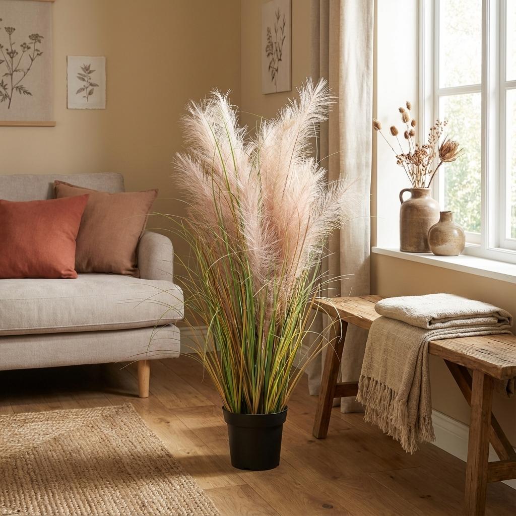 Schilfrohr Kunstpflanze 95cm – Dekorative Reetgras Deko Pflanze – Pflegefreie Kunstpflanze für Wohnzimmer Büro & Balkonüberdachung