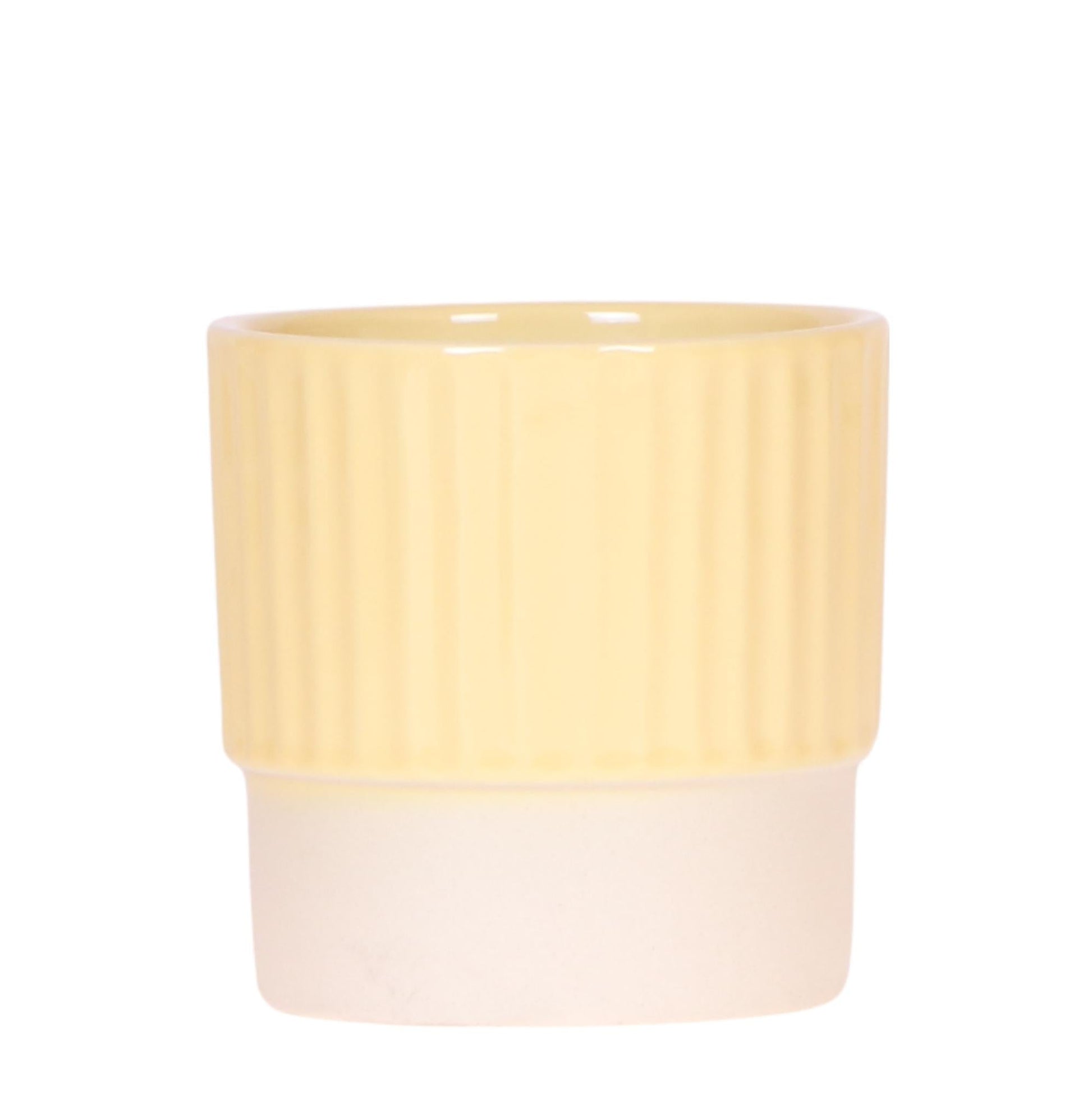 Butter Dekotopf Yellow – Floral Blush Kollektion – Pastellgelber Blumentopf mit glänzendem Oberteil & matter Basis – Kleine Pflanzgefäß mit feiner Rillenstruktur – Für Innenräume & dekorative Akzente 