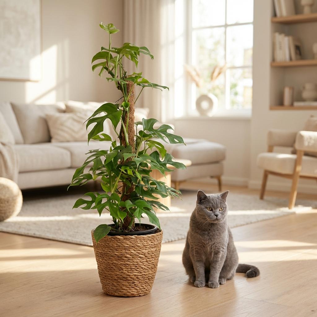 Monstera Minima am Moosstab 90cm – Mini Fensterblatt Zimmerpflanze im Korb Ø19cm – Rhaphidophora tetrasperma mit geschlitzten Blättern – pflegeleicht für Wohnung & Büro 