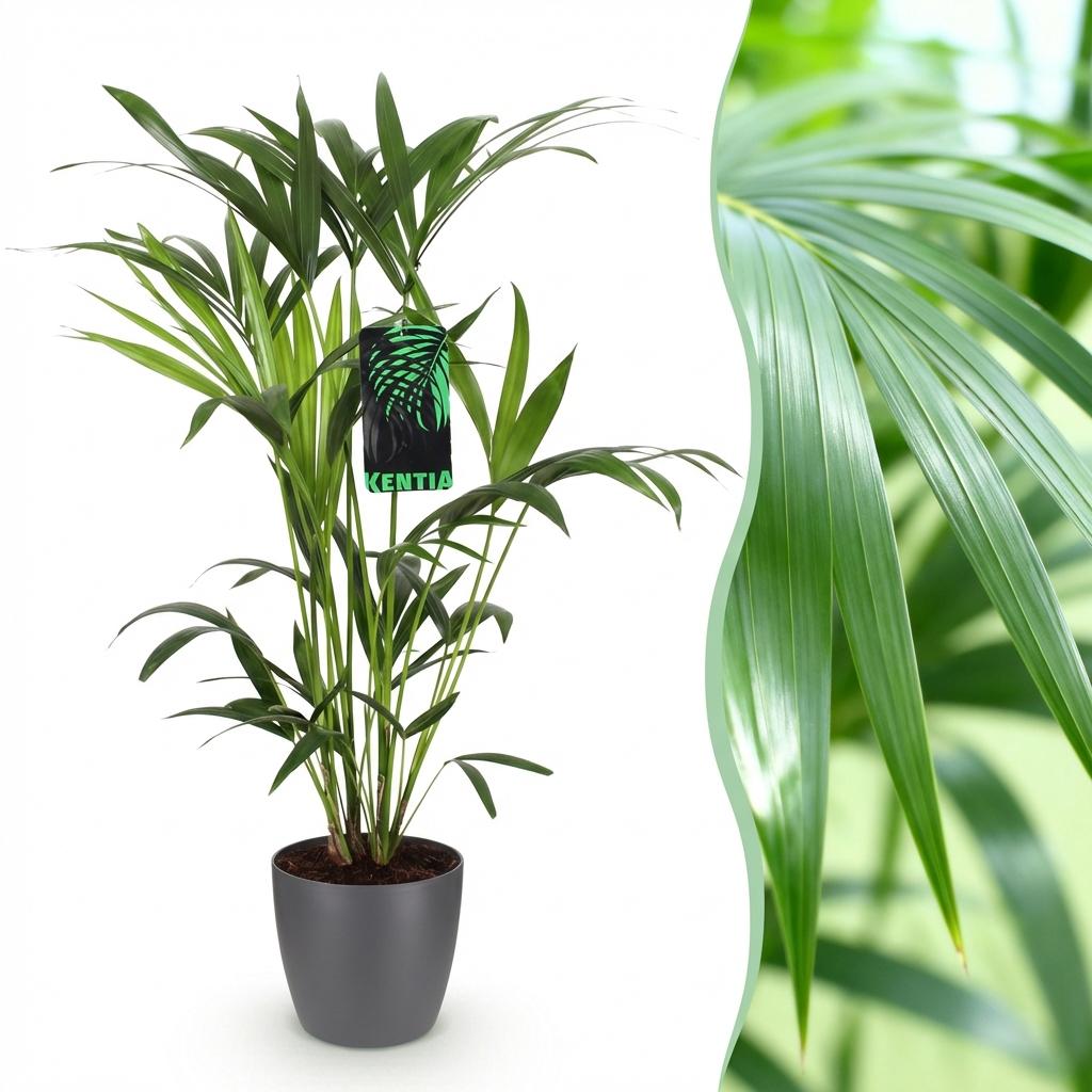 Green boutiQ - Zimmerpflanze - Howea Forsteriana - Kentia Palme - Wenig Pflege - Grün - 1 Pflanze - mit Potter Grau - Topf 19cm - Höhe 80-85cm 