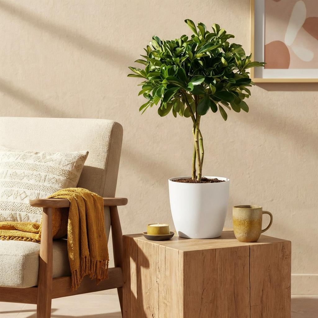 Green boutiQ - Zimmerpflanzen - Schefflera Gold Capelle - Fingerbaum - Wenig Pflege - Grün - Gold - 1 Pflanze - mit Potter Weiß - Topf 21cm - Höhe 70-81cm 