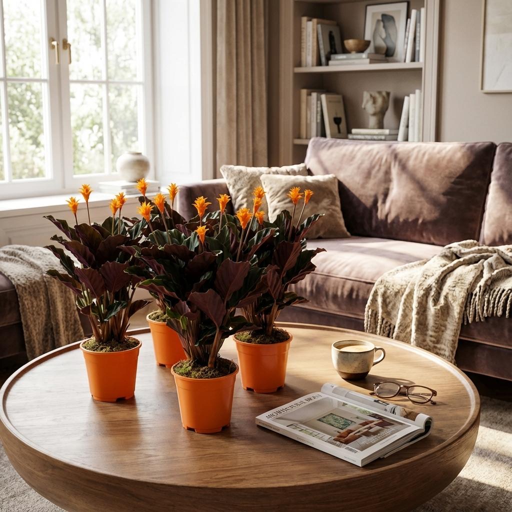 Korbmarante Calathea Crocata – 4 Pflanzen – Ø14cm – Höhe 40–45cm – Orange blühende Zimmerpflanze – Luftfeuchteliebend & dekorativ 