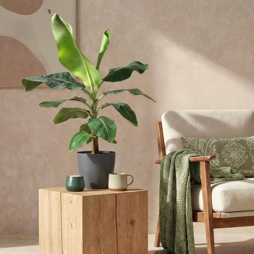 Green boutiQ - Zimmerpflanzen - Musa acuminata Dwarf Cavendisch - Bananenpflanze - Wenig Pflege - Grün - 1 Pflanze - mit Potter Grau - Topf 21cm - Höhe 70-75cm 