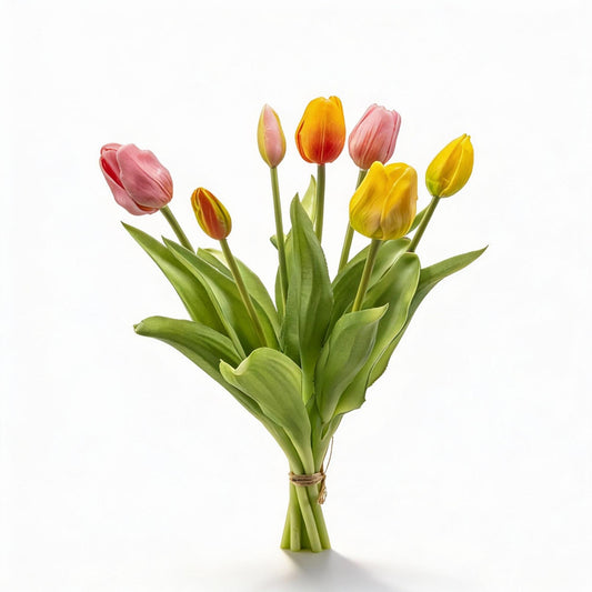 Tulpenstrauß Bunte Mischung Real Touch Kunsttulpen – 7 Stiele – 42cm – Farbiger Kunstblumenstrauß in Gelb Rosa Orange – Pflegefreie Frühlingsdeko für Zuhause
