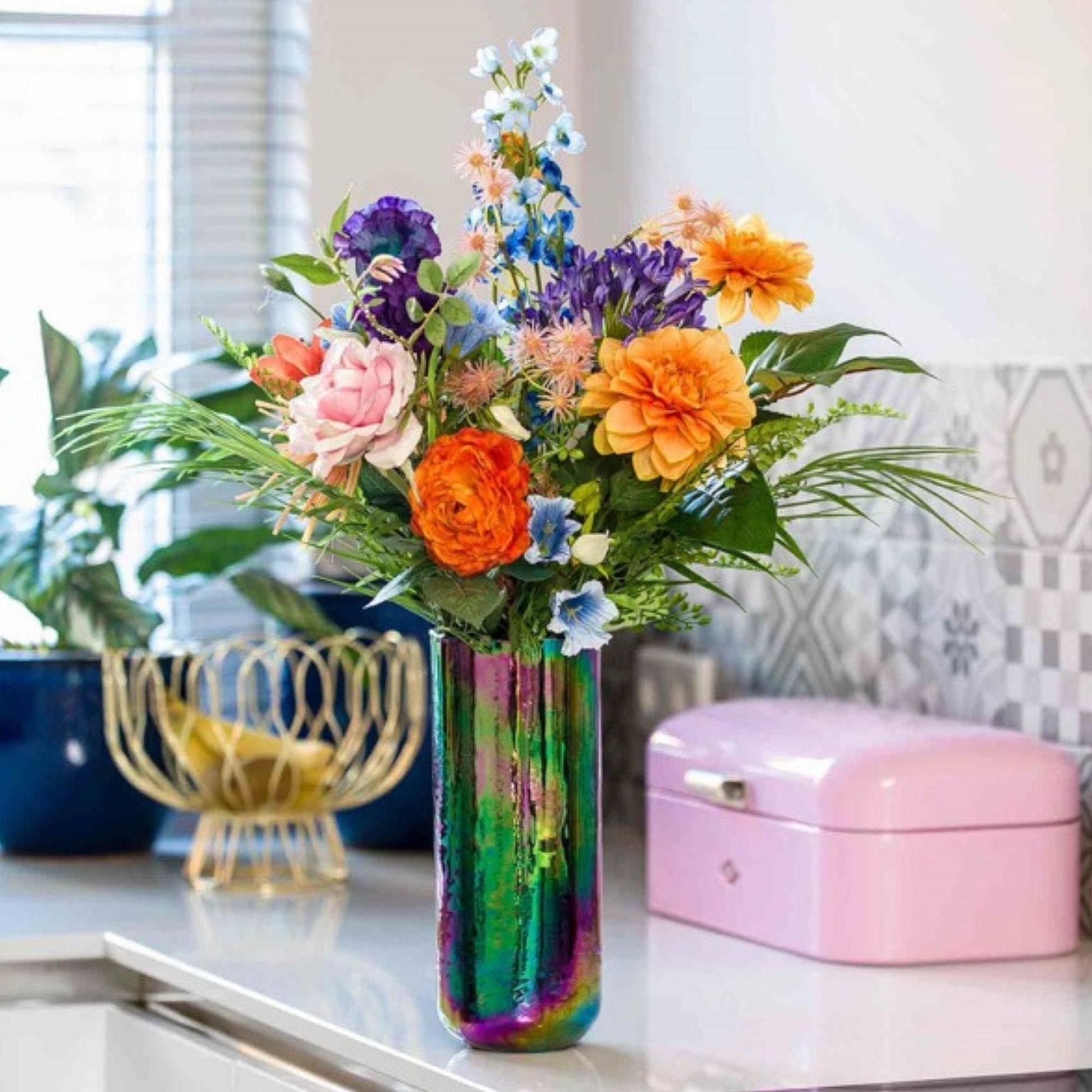 Kunstbloemen Boeket “Colorful Bloom Deluxe” – Real Touch – 70 cm – 18 Stelen 