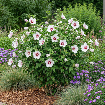Green boutiQ - Garden Plant - Hibiscus syriacus Hamabo - Garden Hibiscus - Hardy - White - Pink - 3 Plants - Pot 17cm - Height 45cm 