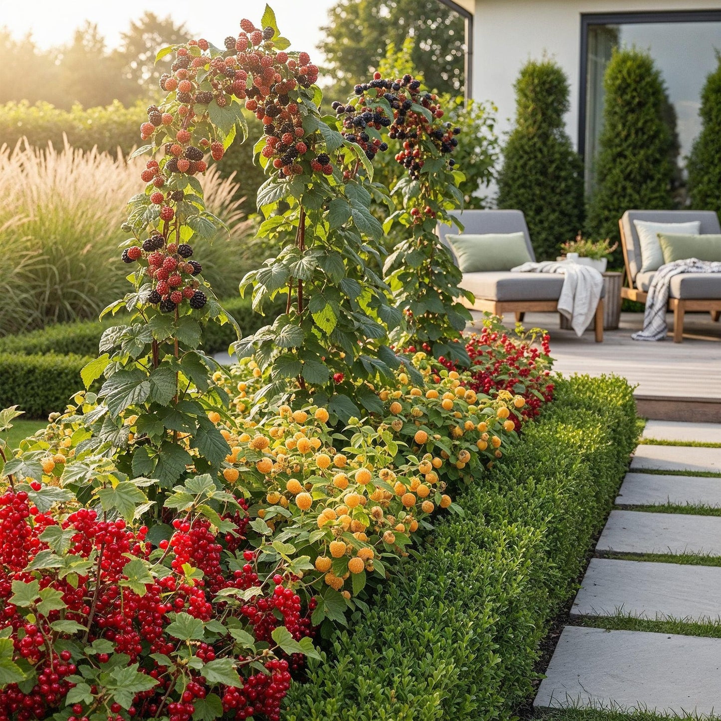 Obstpflanzen Set winterhart 6 Pflanzen Höhe 30cm Ø9cm – Rote Johannisbeere Gelbe Himbeere Schwarze Brombeere – Für Garten Beet Balkon & Terrasse 