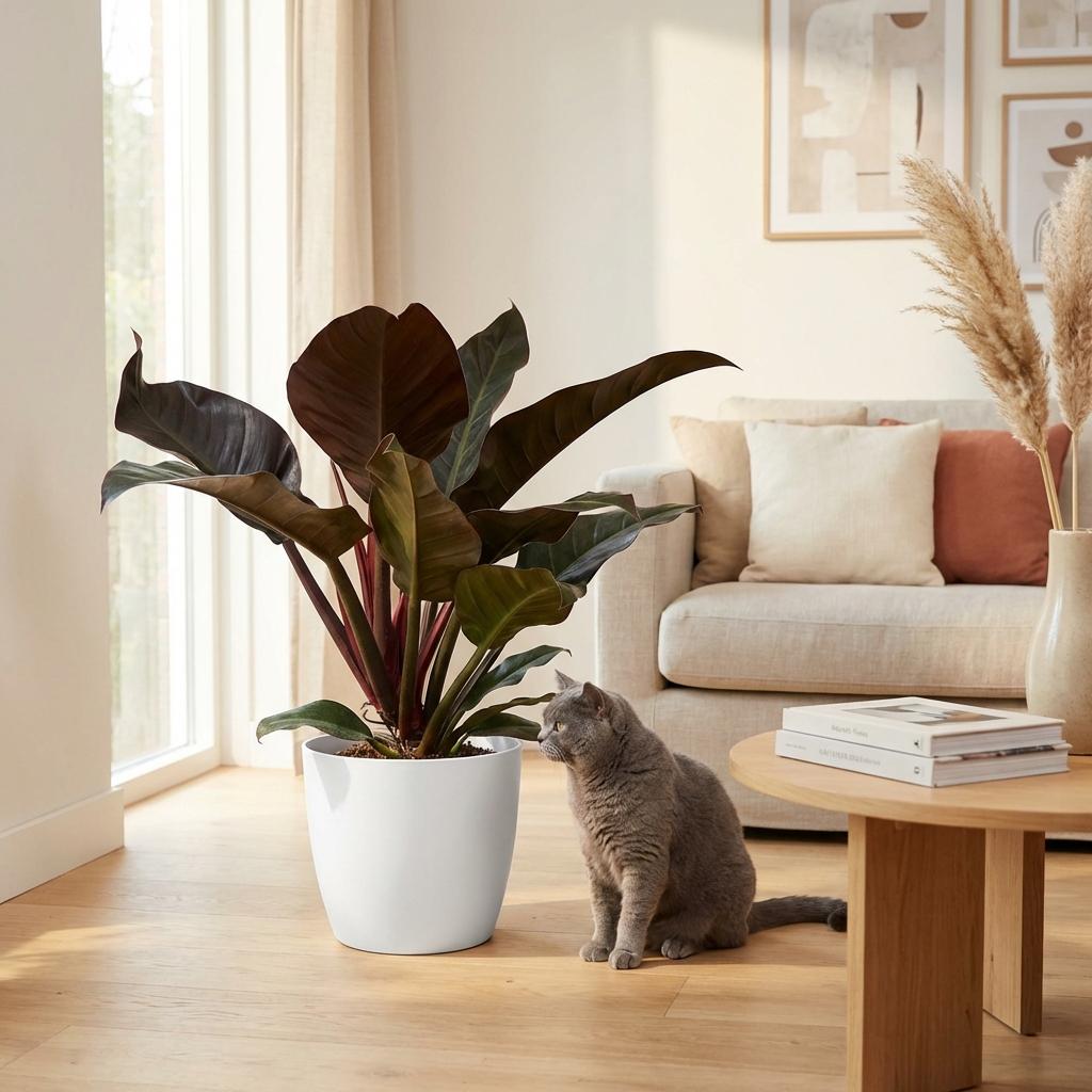 Philodendron Imperial Red Baumfreund 60cm – Zimmerpflanze mit roten Blättern im Übertopf Weiß Ø19cm – glänzendes Laub, kompakter Wuchs – pflegeleicht, luftverbessernd für Wohnung & Büro 