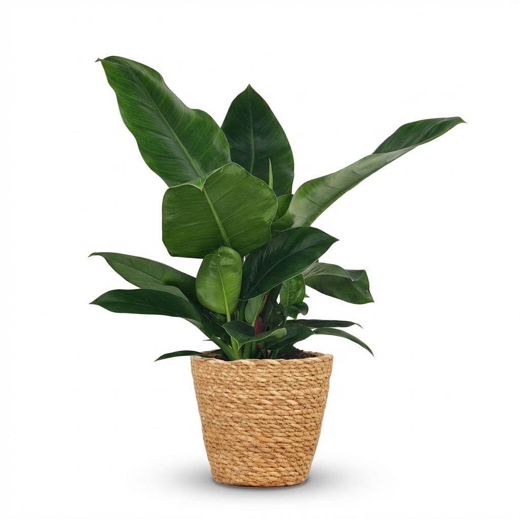 Green boutiQ - Zimmerpflanze - Philodendron - Philodendron Imperial Green - Grün - Pflegeleicht - 1 Pflanze - mit Korb - Topf 19cm - Höhe 65cm 