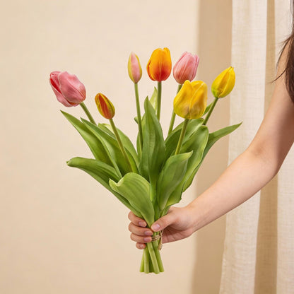 Tulpenstrauß Bunte Mischung Real Touch Kunsttulpen – 7 Stiele – 42cm – Farbiger Kunstblumenstrauß in Gelb Rosa Orange – Pflegefreie Frühlingsdeko für Zuhause