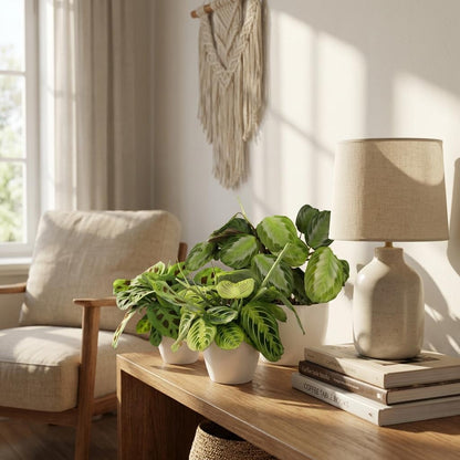 Green boutiQ - Zimmerpflanze - Marantha Silverband, Marantha Lemon Lime Marantha Kerchoveana - Gebetspflanze - Haustierfreundliche Pflanze - Grün - 3 Pflanzen - mit Potter Weiß - Topf 12cm - Höhe 25cm 