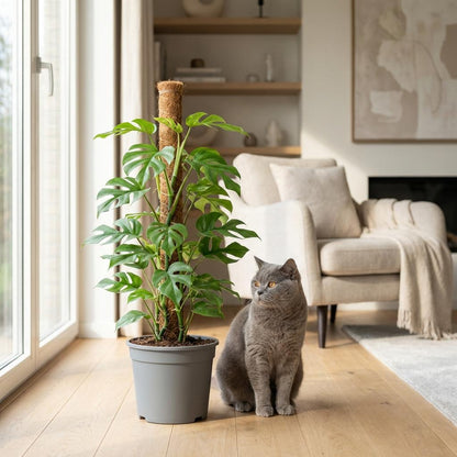 Monstera Minima am Moosstab 90cm – Mini Fensterblatt Zimmerpflanze im grauen Übertopf Ø19cm – tropische Lochblätter – pflegeleicht für Wohnung & Büro, ideal bei Halbschatten, moderat gießen 