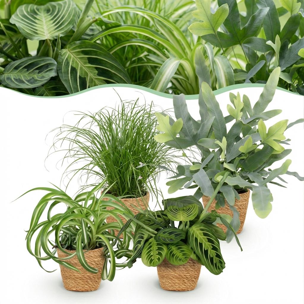 Green boutiQ - Zimmerpflanze - Chlorophytum - Cyperus - Phlebodium - Marantha - Mix aus 4 - Haustierfreundliche Pflanzen - Grün - 4 Pflanzen - mit Korb - Topf 12cm - Höhe 25cm 