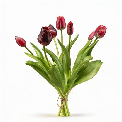 Tulpenstrauß Dunkelrot Real Touch Kunsttulpen – 7 Stiele – 42cm – Hochwertiger Kunstblumenstrauß in Bordeaux-Optik – Pflegefreie Deko für Tisch, Regal & Wohnzimmer