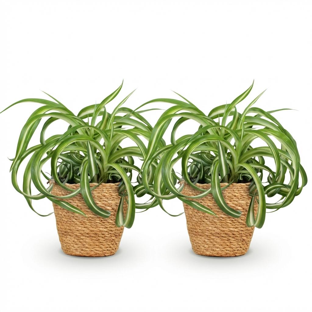 Green boutiQ - Zimmerpflanze - Chlorophytum comosum Bonnie - Lockige Graslilie - Haustierfreundliche Pflanze - Grün - 2 Pflanzen - mit Korb - Topf 12cm - Höhe 20cm 