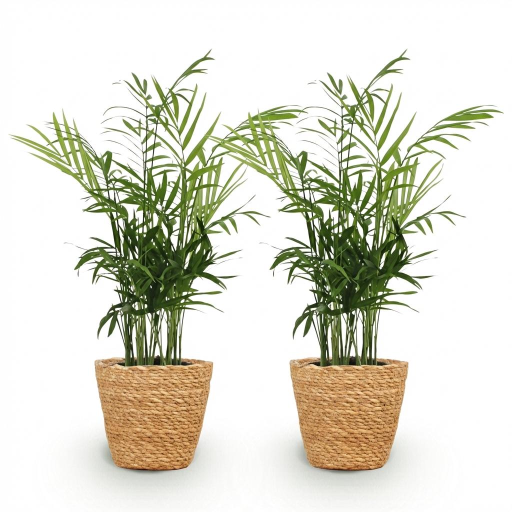 Green boutiQ - Zimmerpflanze - Chamaedorea elegans - Goldpalme - Haustierfreundliche Pflanze - Grün - 2 Pflanzen - mit Korb - Topf 12cm - Höhe 15cm 