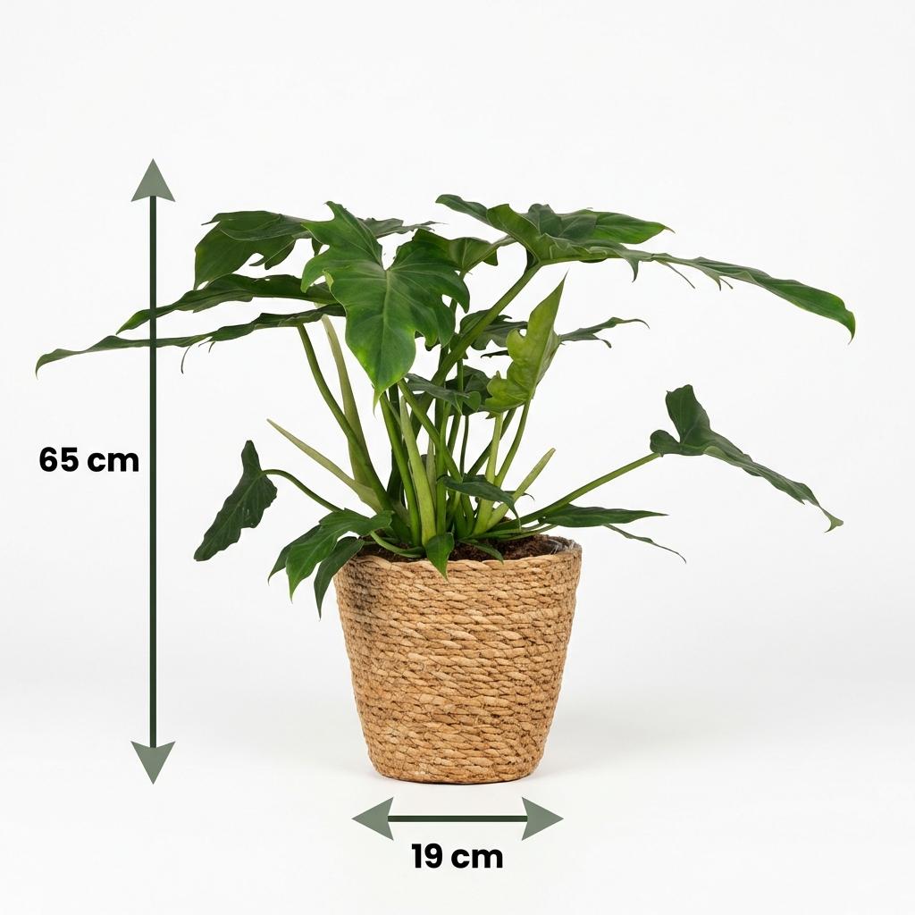 Green boutiQ - Zimmerpflanze - Philodendron - Philodendron Lacerum - Grün - Pflegeleicht - 1 Pflanze - mit Korb - Topf 19cm - Höhe 65cm 