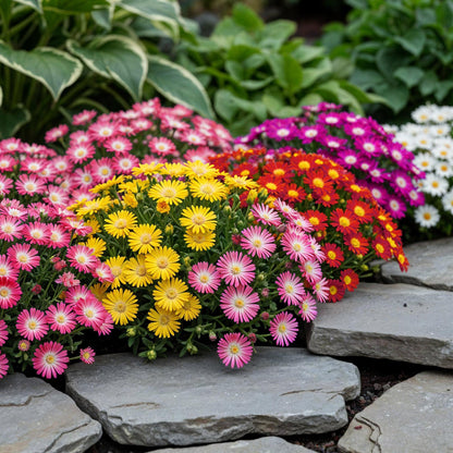 GreenboutiQ - Bodendecker - Winterhart - Delosperma - 4 Pflanzen - Farben Rot - Gelb - Lila - Rosa - Wenig Pflege - Topf 14cm Höhe 17cm 