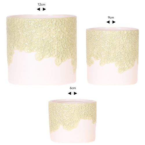 Bloom Green Übertopf Set 3er – Ø6cm Ø9cm Ø12cm – grüne Keramik Übertöpfe mit strukturiertem Relief – Dekotöpfe für Orchideen & Zimmerpflanzen – natürlicher Look für Fensterbank & Regal 