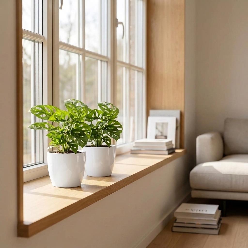 Fensterblatt 'Monkey Mask' – Monstera adansonii – Topf Ø12cm – Höhe 25cm – mit weißem Dekotopf – Dekorative Zimmerpflanze