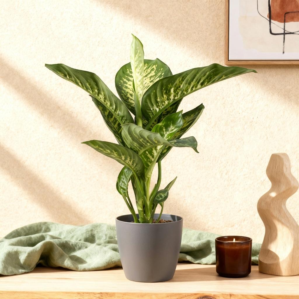 Green boutiQ - Zimmerpflanzen - Diefenbachia Tropic Snow - Dieffenbachia - Wenig Pflege - mit Potter Grau - Bunt - 1 Pflanze - mit Potter Grau - Topf 21cm - Höhe 90-100cm 