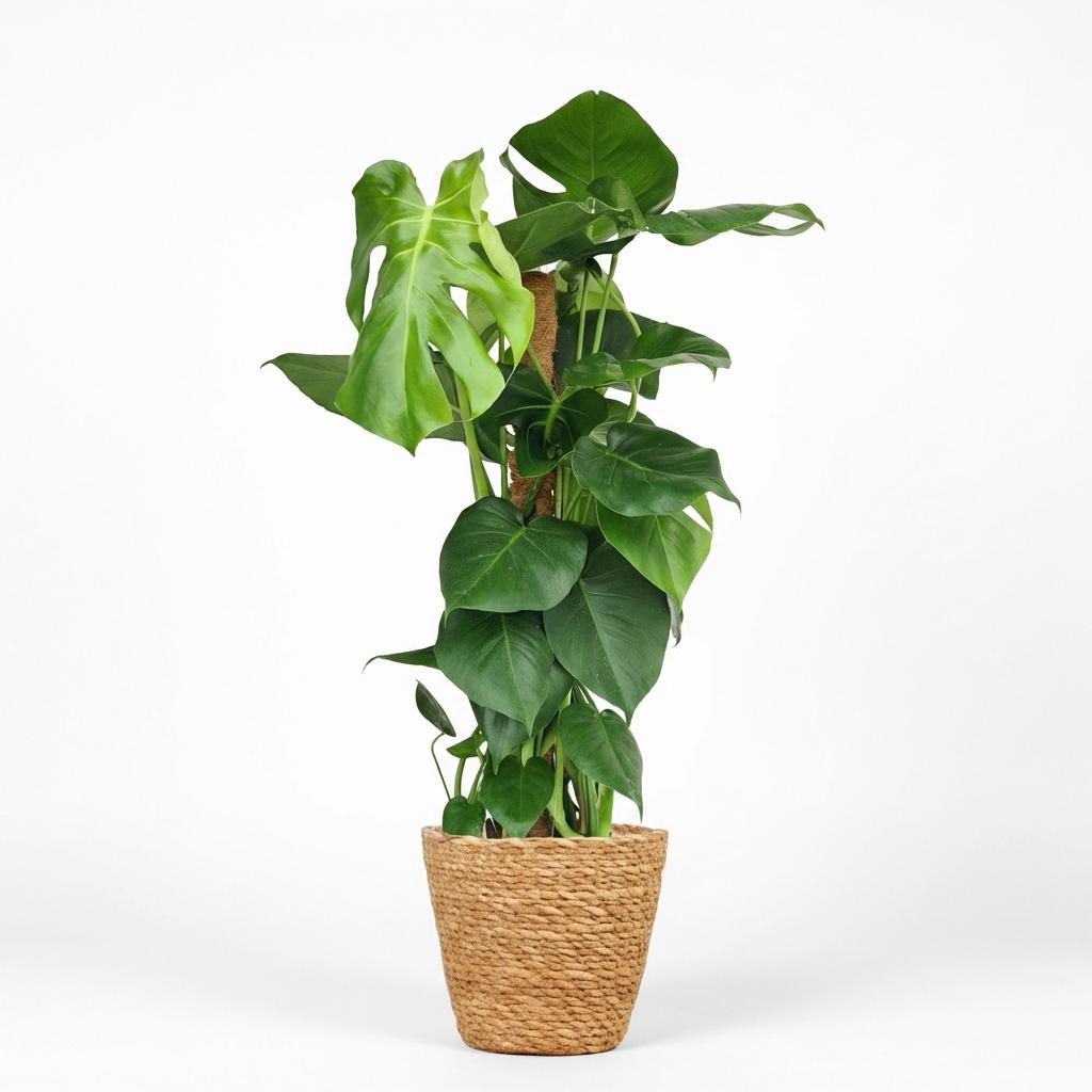 Green boutiQ - Zimmerpflanze - Fensterblatt - Monstera Deliciosa Moosstab - Grün - Pflegeleicht - 1 Pflanze - mit Korb - Topf 19cm - Höhe 90cm 