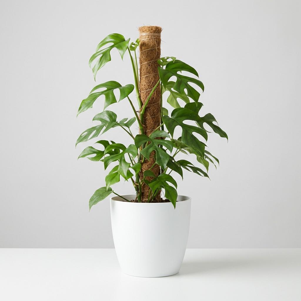 Monstera Minima am Moosstab 90cm – Mini Fensterblatt Zimmerpflanze im Potter Weiß Übertopf Ø19cm – tropische Blätter mit Löchern – pflegeleicht für Wohnung & Büro, ideal bei Halbschatten 