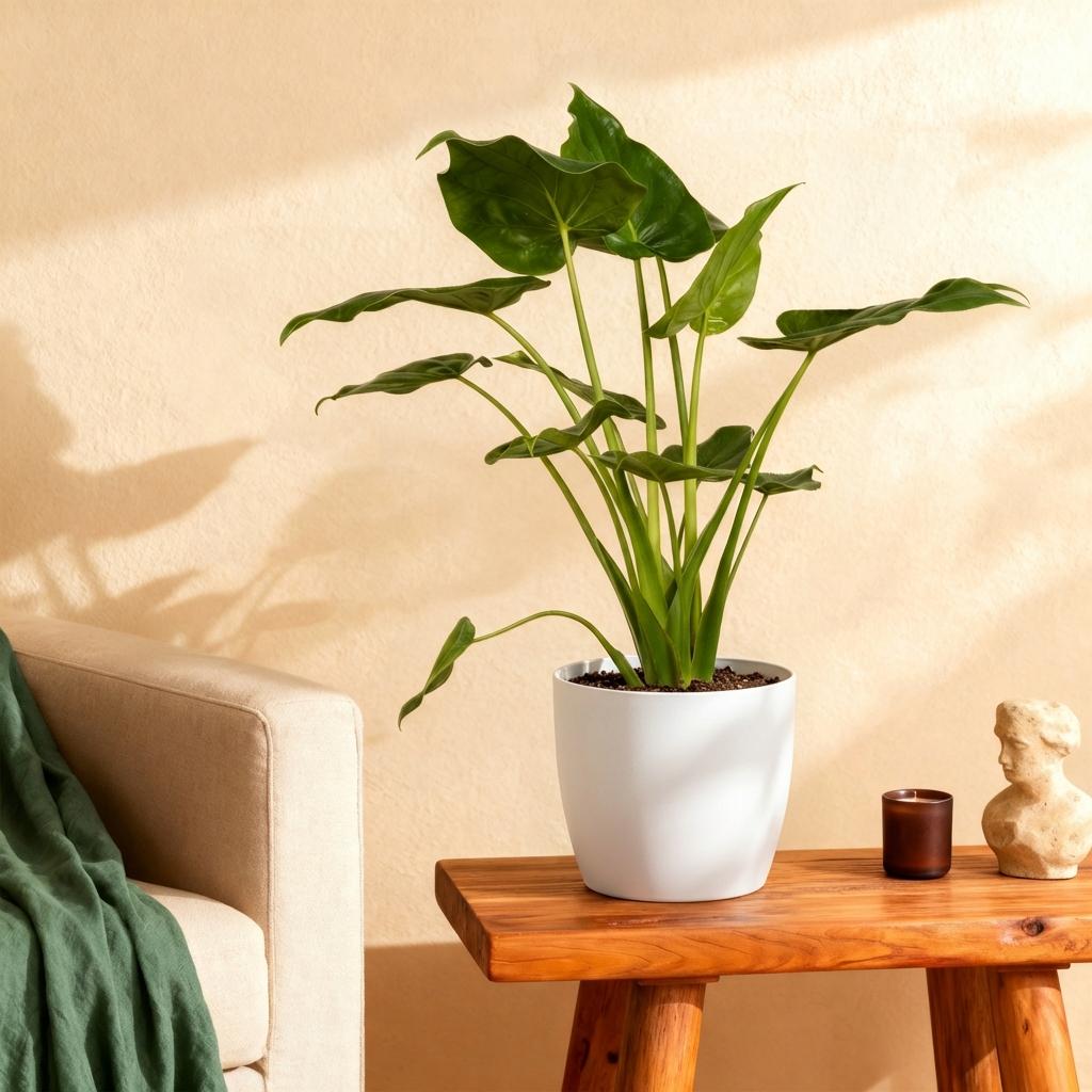Green boutiQ - Zimmerpflanzen - Alocasia Cucullata - Buddha-Hand - Wenig Pflege - Grün - 1 Pflanze - mit Potter Weiß - Topf 21cm - Höhe 65-70cm 