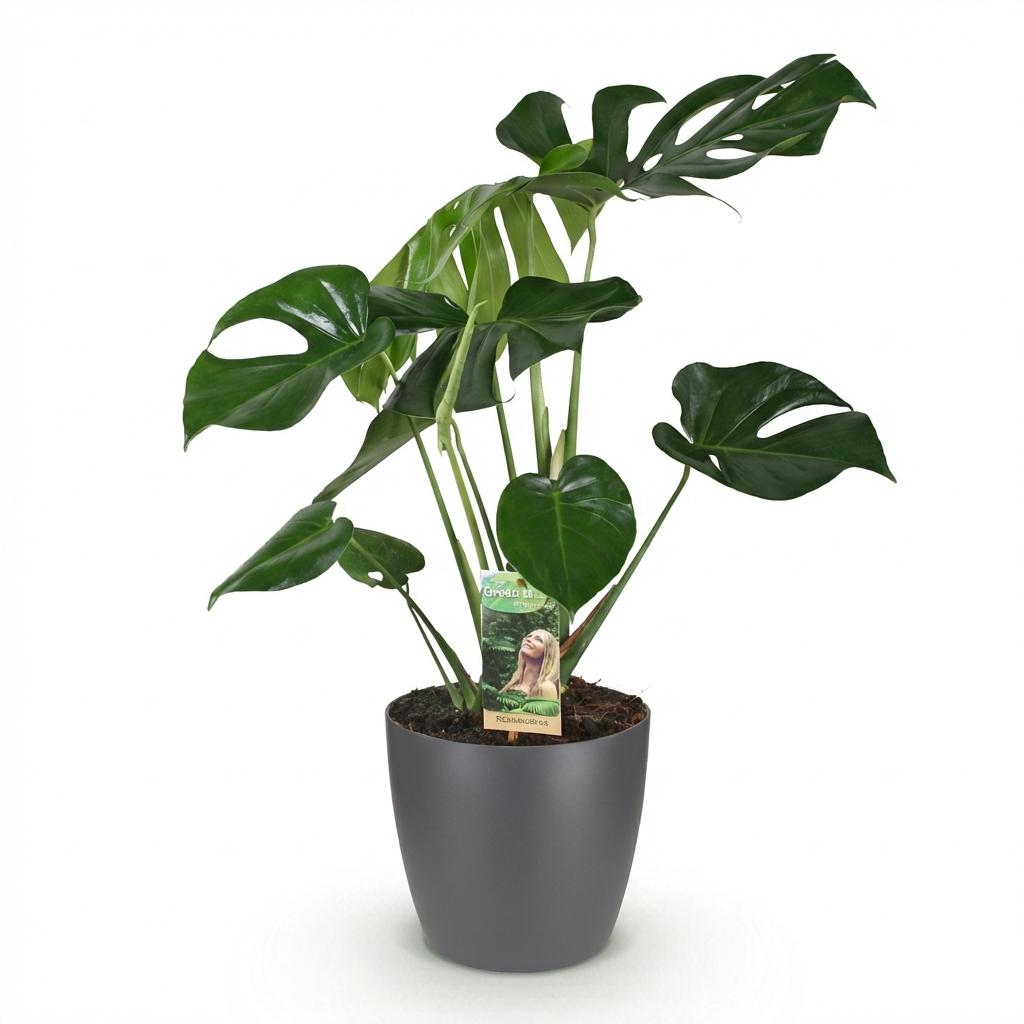 Green boutiQ - Zimmerpflanzen - Monstera Deliciosa - Fensterblatt - Pflegeleicht - Grün - 1 Pflanze - mit Potter Grau - Topf 21cm - Höhe 70-80cm 