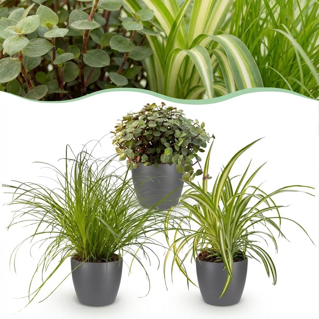 Green boutiQ - Zimmerpflanze - Cyperus - Calissia - Chlorophytum - Mix aus 3 - Haustierfreundliche Pflanzen - Grün - 3 Pflanzen - mit Potter Grau - Topf 12cm - Höhe 20cm 