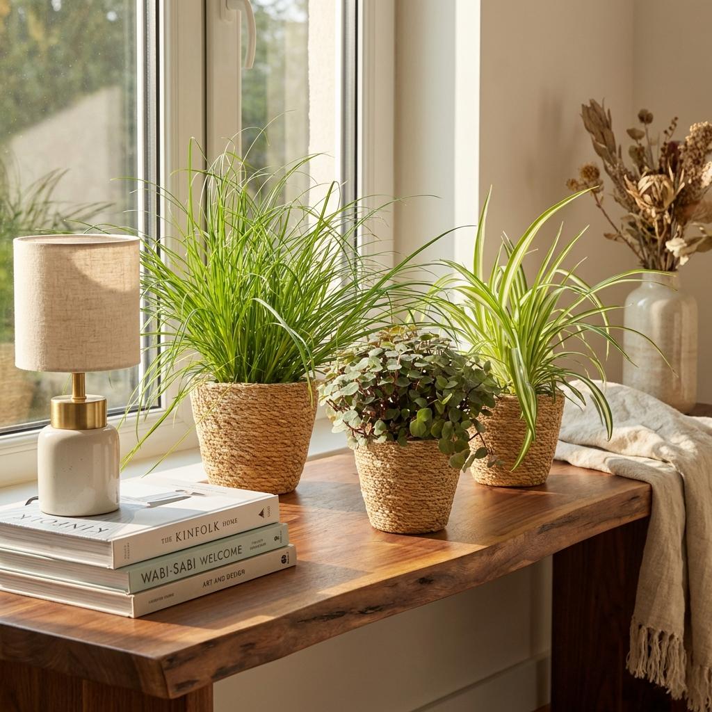 Green boutiQ - Zimmerpflanze - Cyperus - Calissia - Chlorophytum - Mix aus 3 - Haustierfreundliche Pflanzen - Grün - 3 Pflanzen - mit Korb - Topf 12cm - Höhe 20cm 