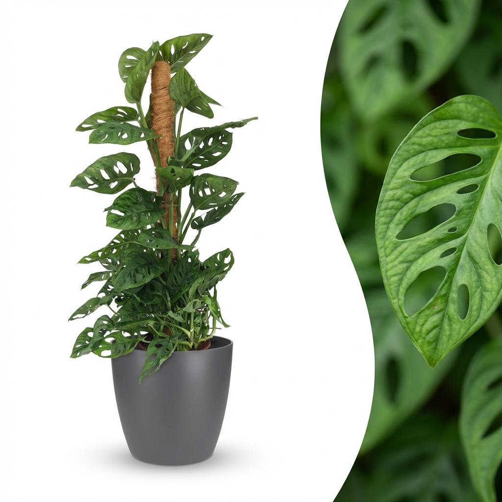 Monstera Adansonii Monkey Mask am Moosstab 90cm – Zimmerpflanze mit Lochblättern im Potter Grau Übertopf Ø19cm – Kletterpflanze pflegeleicht, tropischer Look für Wohnung & Büro 