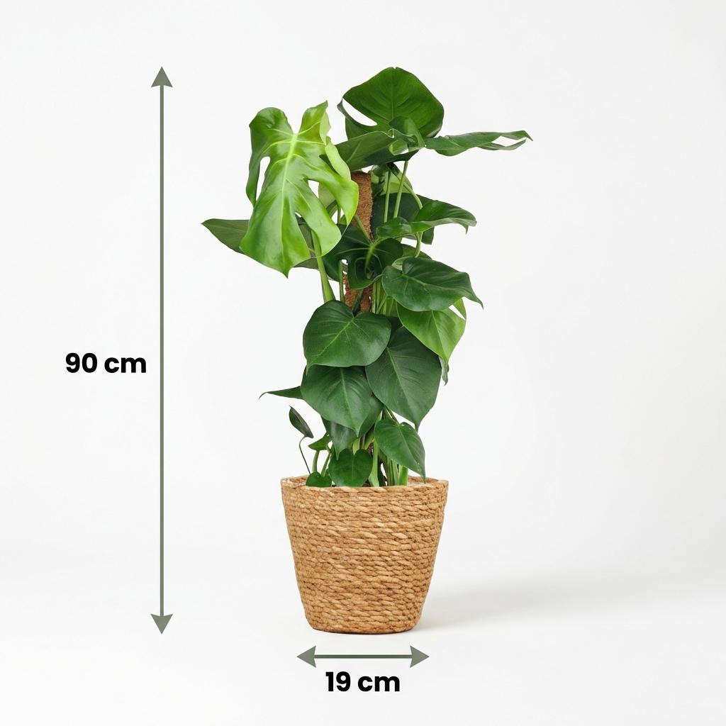 Green boutiQ - Zimmerpflanze - Fensterblatt - Monstera Deliciosa Moosstab - Grün - Pflegeleicht - 1 Pflanze - mit Korb - Topf 19cm - Höhe 90cm 