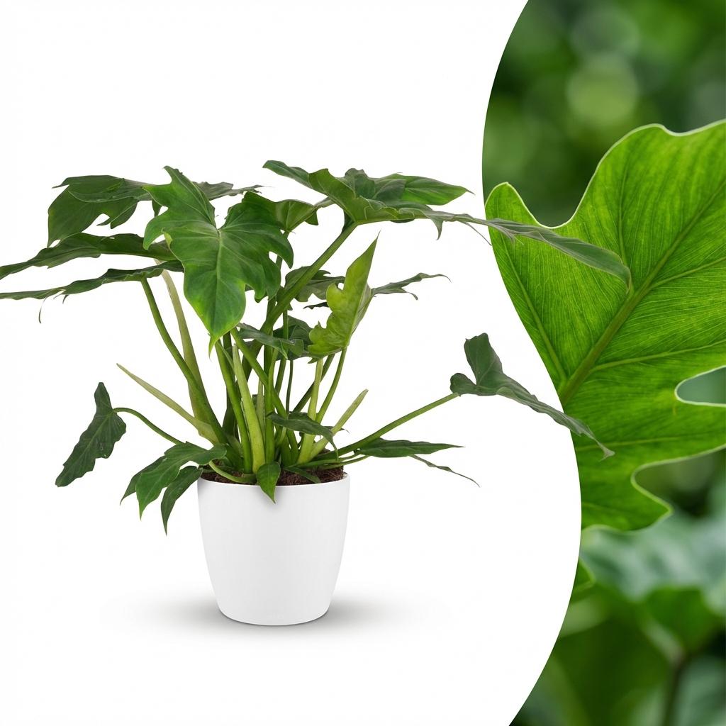 Green boutiQ - Zimmerpflanze - Philodendron - Philodendron Lacerum - Grün - Pflegeleicht - 1 Pflanze - mit weißem Übertopf - Topf 19cm - Höhe 65cm 