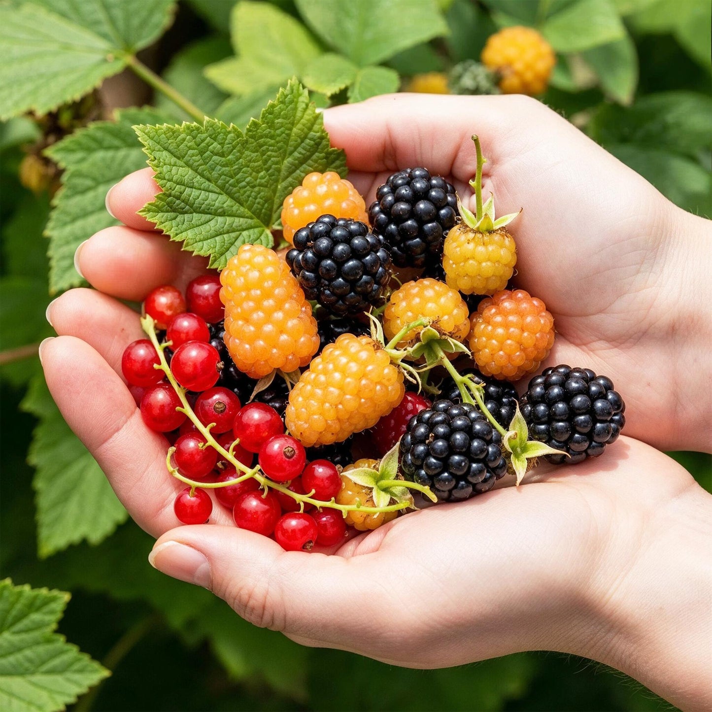 Obstpflanzen Set winterhart 3 Pflanzen Ø9cm Höhe30cm – Rote Johannisbeere Gelbe Himbeere Schwarze Brombeere – Ideal für Garten Beet Balkon & Terrasse 