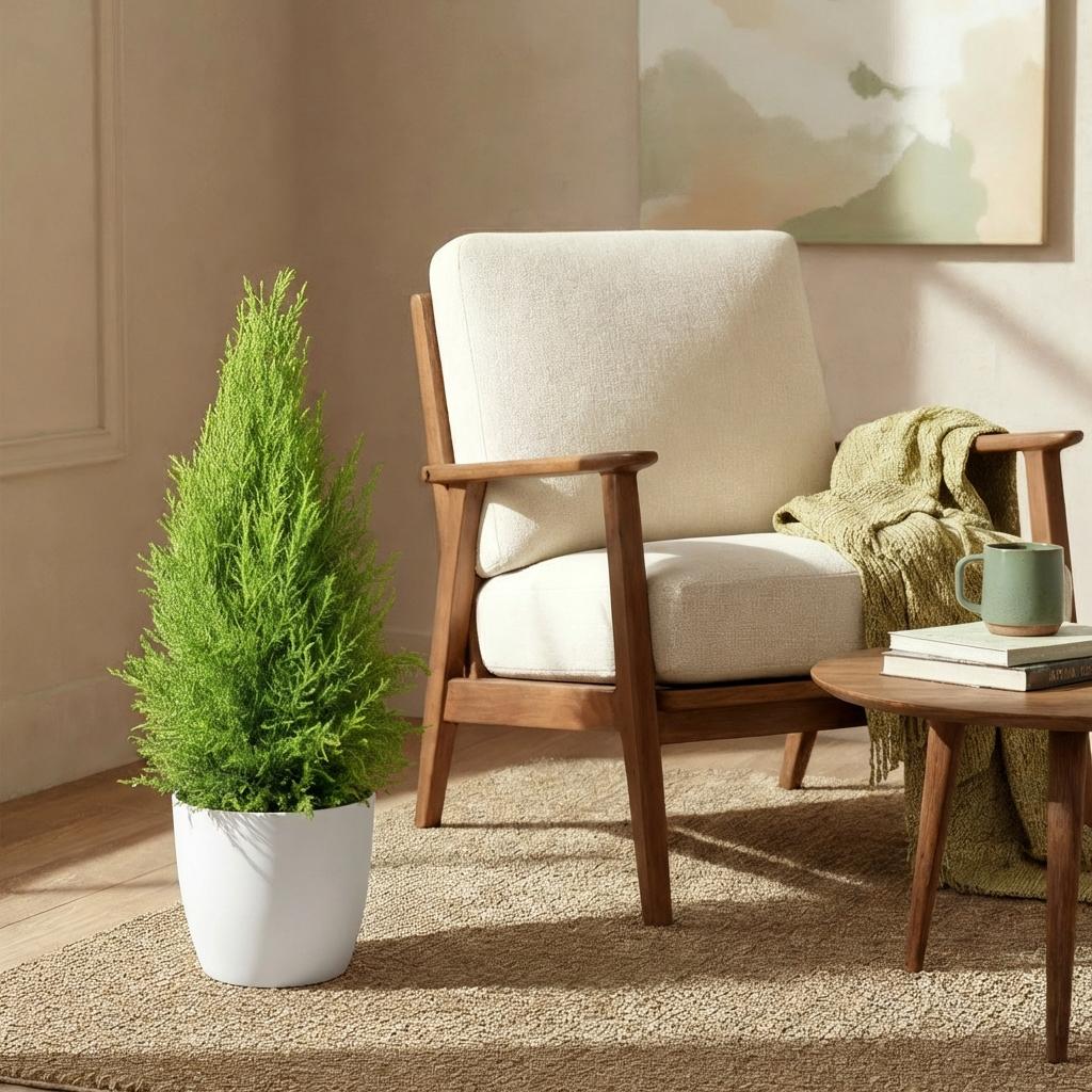 Green boutiQ - Zimmerpflanzen - Cupressus Gold Crest Wilma - Zimmerkonifere - Wenig Pflege - Grün - 1 Pflanze - mit Potter Weiß - Topf 21cm - Höhe 85-95cm 
