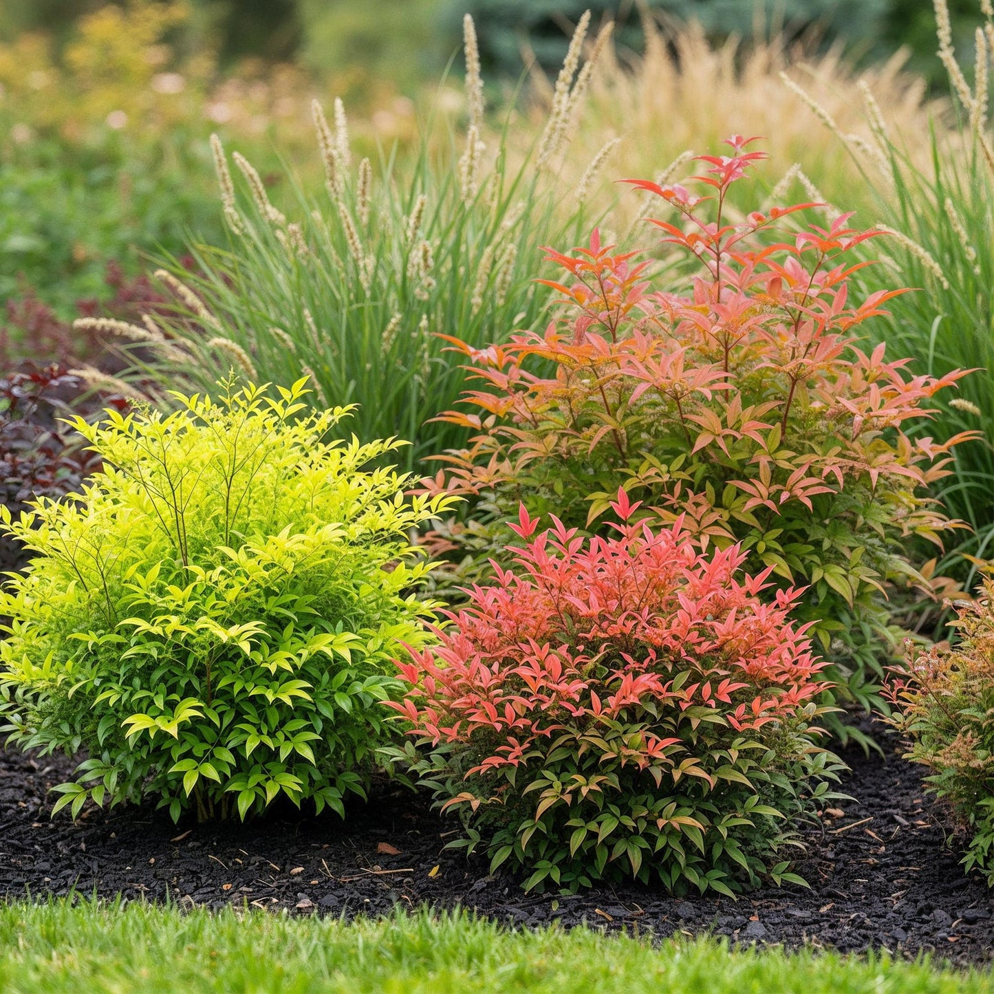 GreenboutiQ - Gartenpflanze - Nandina Tricolour - Gelb & Rot & Orange - 3 Pflanzen - Immergrün - Wenig Pflege - Topf 17cm Höhe 45cm 